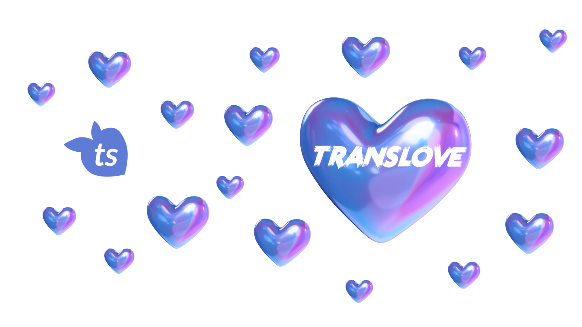 Iridescent heart-shaped logo with 'Translove' text and 'ts' symbol on a white background.
