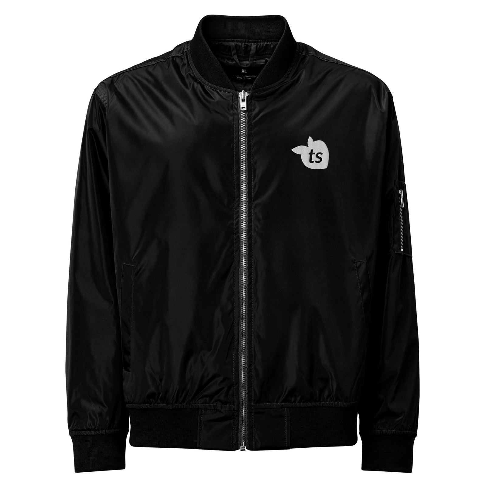 Black jacket with a logo on the chest against a white background