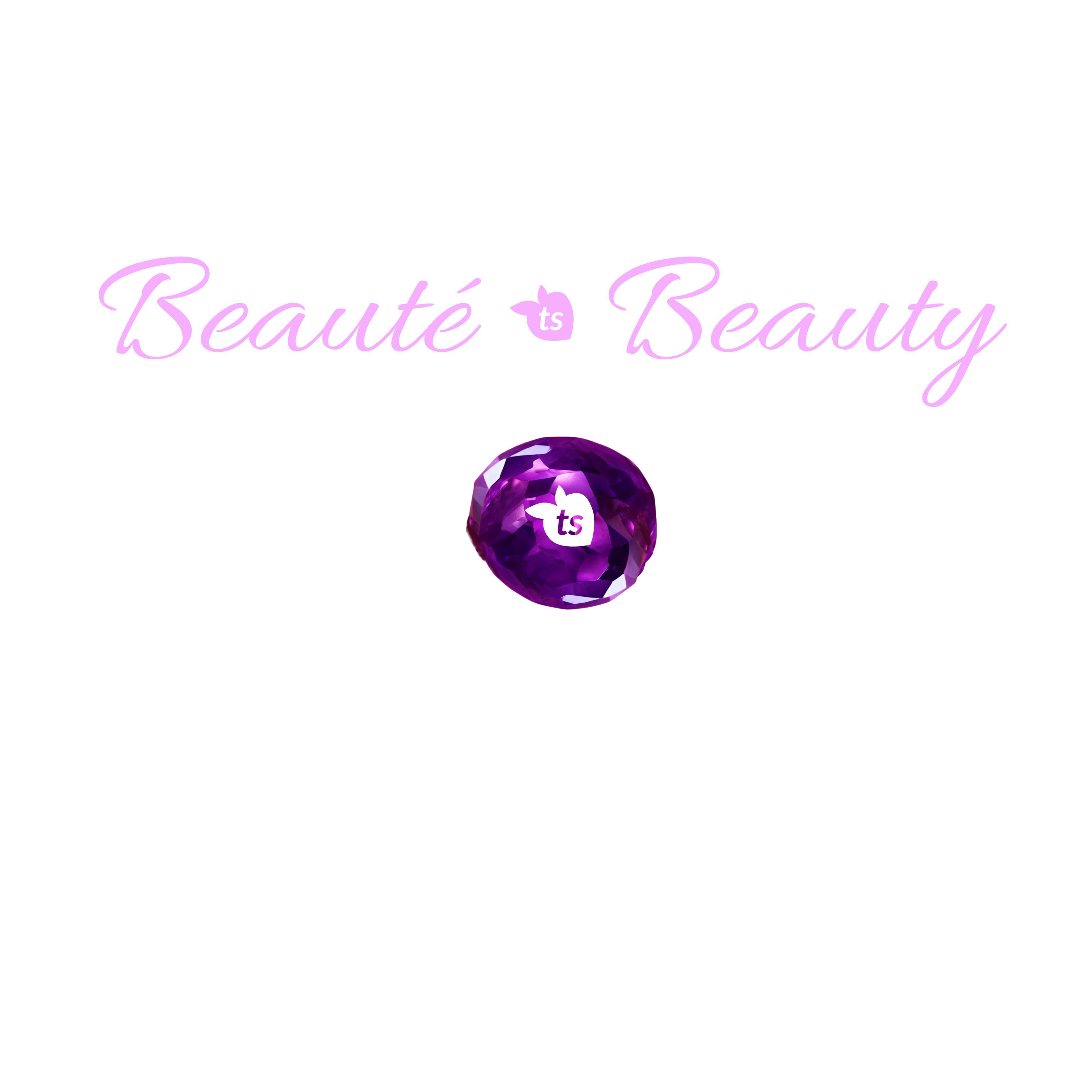 Purple gemstone with 'Beaute' and 'Beauty' text on a white background