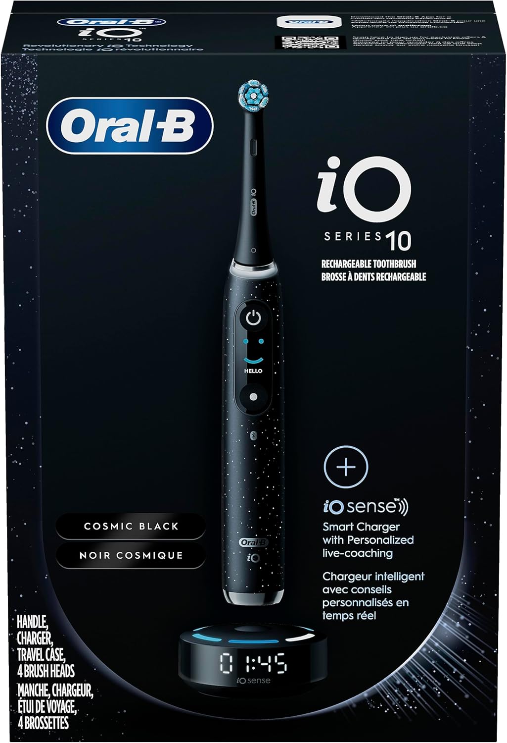 Oral-B • iO Series 10 • Rechargeable Electric Toothbrush with Visible Pressure Sensor to Protect Gums • 2 Min Timer • 2 Colors • 7 Cleaning Settings • 4 Replacement Toothbrush Heads • Charging Travel • Black 1 Count (Pack of 1)