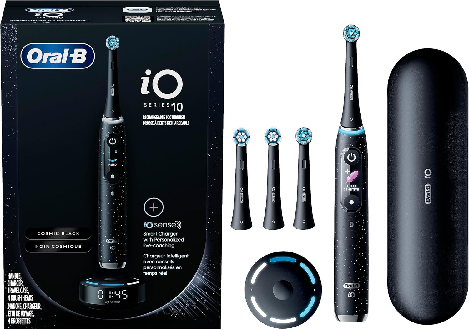 Oral-B • iO Series 10 • Rechargeable Electric Toothbrush with Visible Pressure Sensor to Protect Gums • 2 Min Timer • 2 Colors • 7 Cleaning Settings • 4 Replacement Toothbrush Heads • Charging Travel •