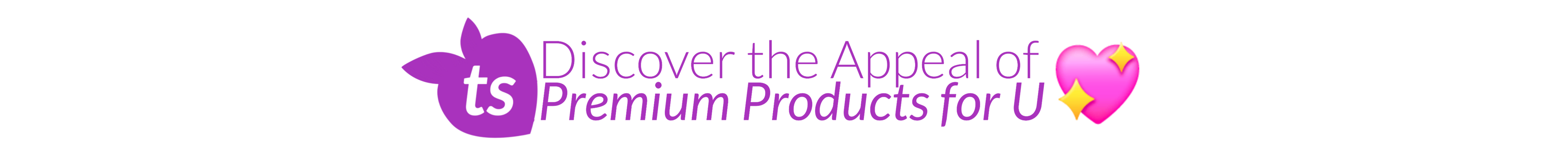 Promotional text for premium products with a logo on a pink background