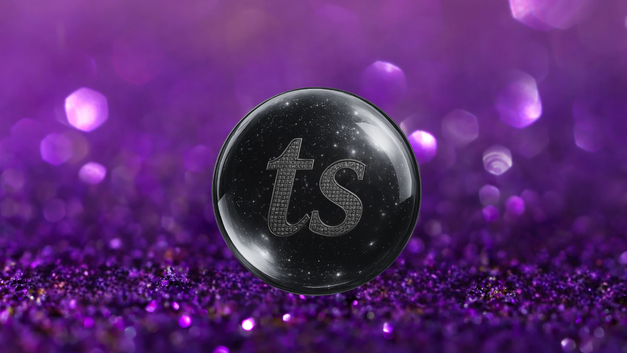 Black marble with 'ts' logo on a purple glittery background