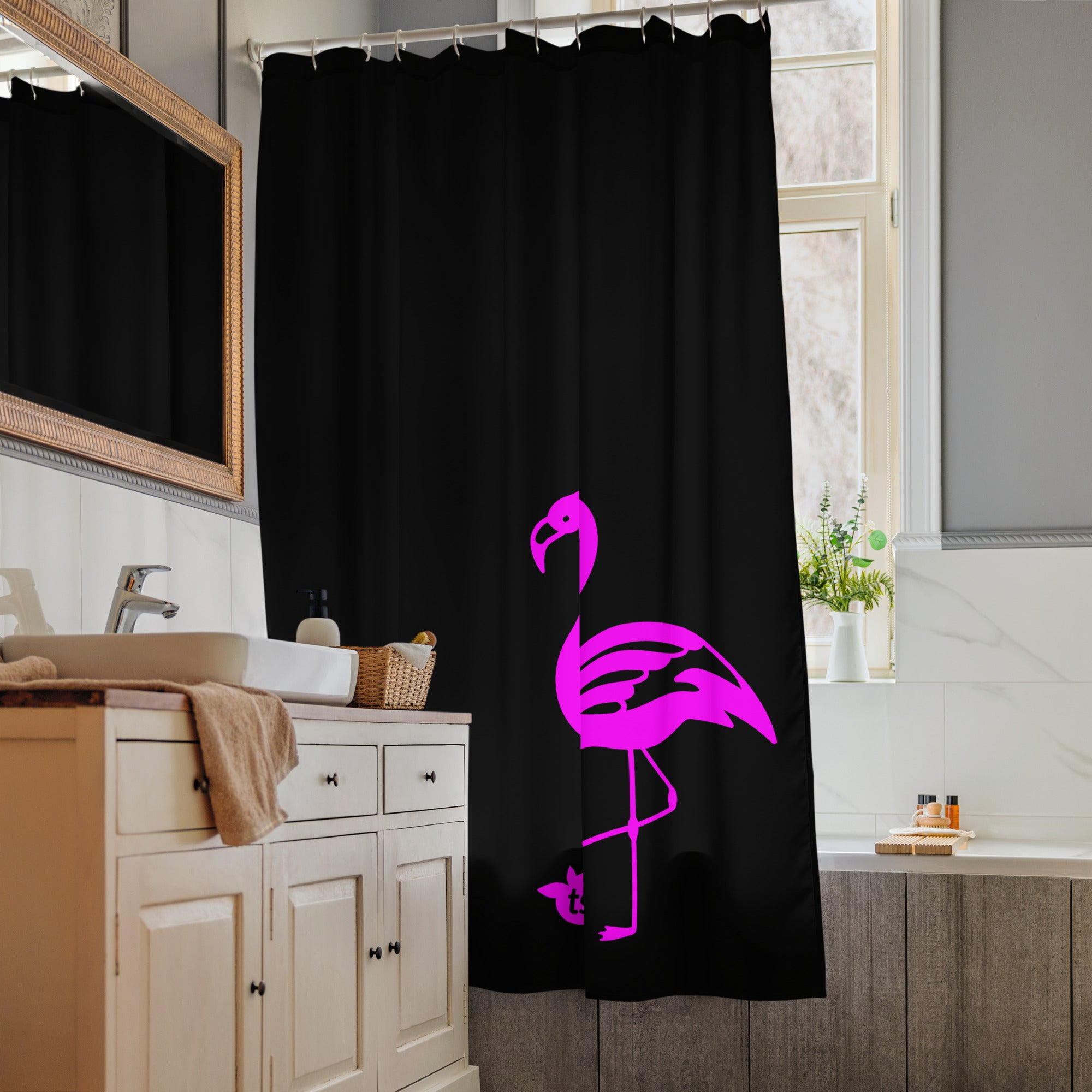 tsgabrielle® • Flamant Rose • Duschvorhang • Schwarz • 180 cm x 188 cm