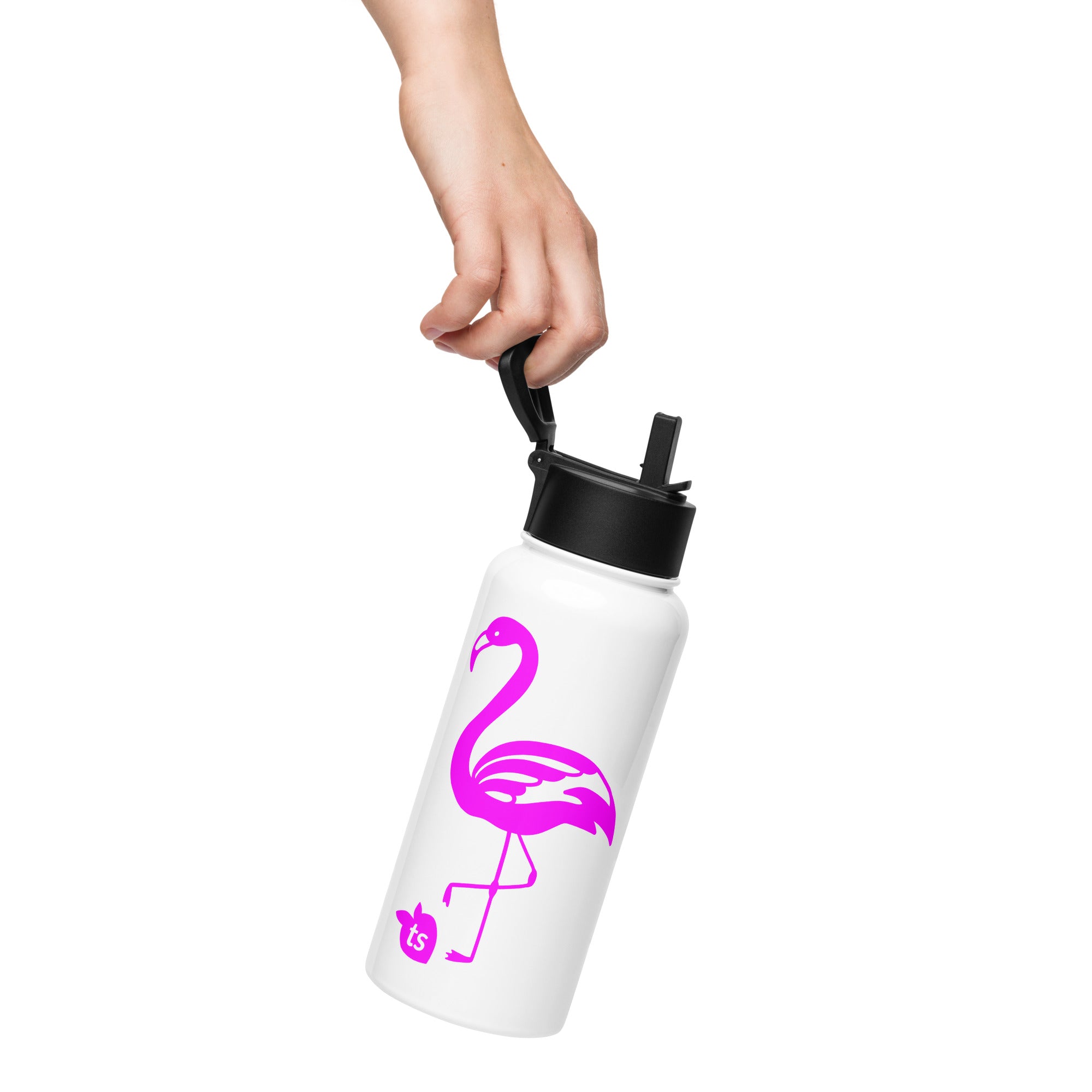 tsgabrielle® • Flamant Rose • Wasserflasche mit Strohhalmdeckel • Edelstahl • Weiß • 950 ml