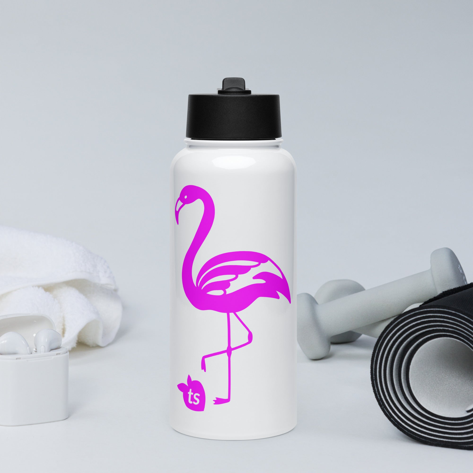 tsgabrielle® • Flamant Rose • Wasserflasche mit Strohhalmdeckel • Edelstahl • Weiß • 950 ml