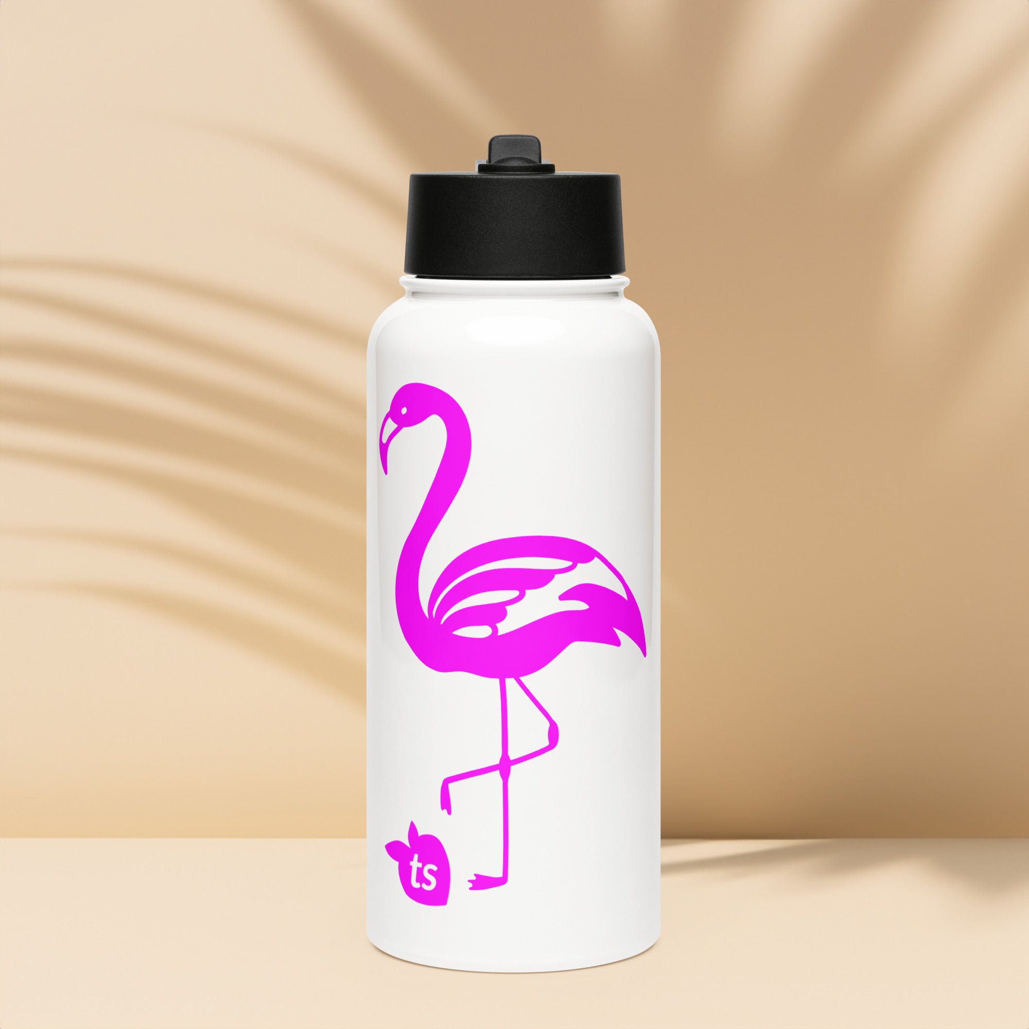 tsgabrielle® • Flamant Rose • Wasserflasche mit Strohhalmdeckel • Edelstahl • Weiß • 950 ml
